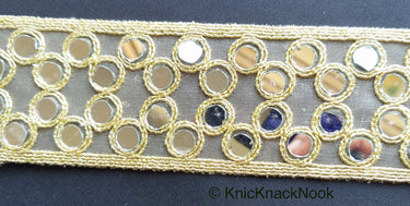 Gold Sheer Fabric Lace Trim With Gold Embroidery And Mirror Embellishments, Wedding Trims, Indian - 210119L16